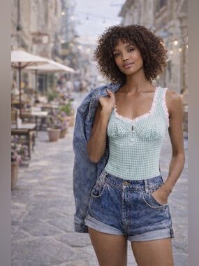 Free People Cassie Gingham Bodysuit Green Lace Trim Small NWOT